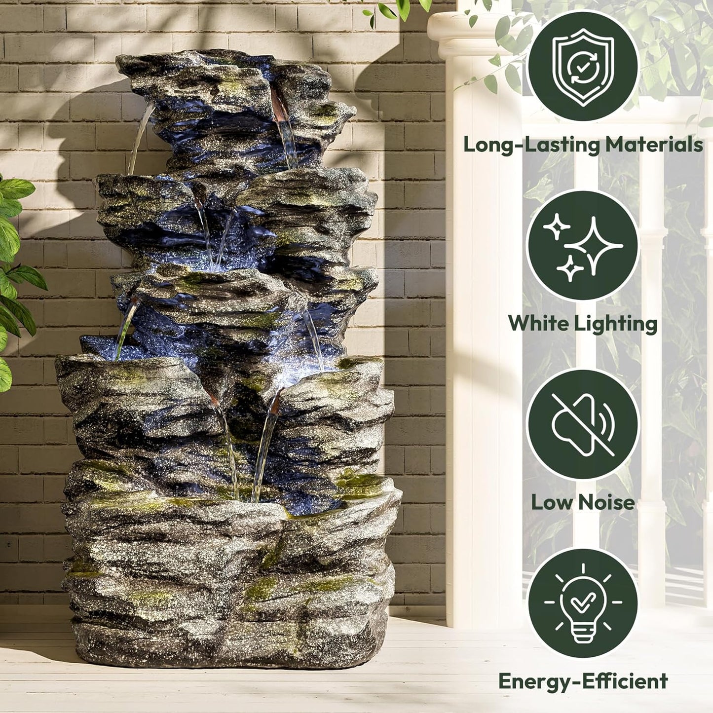 34.3" H Outdoor Water Fountain with LED Lights, 5-Tier Cascading Rock Waterfall for Yard, Garden, Patio, Outdoor Decor Water Features