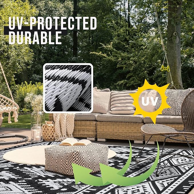 OLANLY Outdoor Rug Waterproof 9x18 ft, Reversible Outdoor Plastic Straw Rug, Boho Patio Rug, Indoor Outdoor Carpet, RV Mat Outside for Patio, Camp, Picnic, Balcony, Deck, Backyard, Black & White