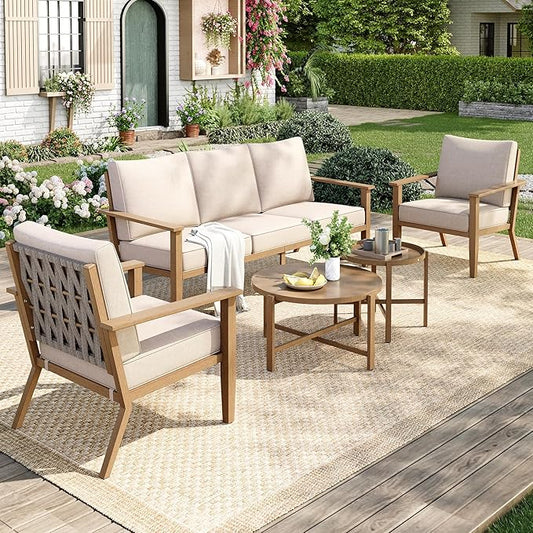 5-Piece Outdoor Patio Furniture Set, Steel Sectional Patio Conversation Sets, All-Weather Outdoor Furniture Sets with Waterproof Thick Cushions for Porch, Garden, Backyard, Deck-Beige