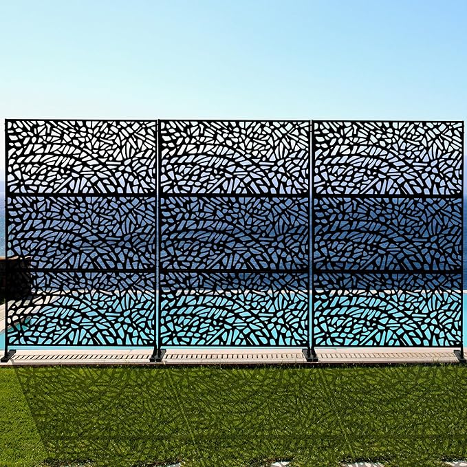 Kozyard Metal Privacy Screen 74" H x 47.2" W Decorative Outdoor Divider with Stand Panels Freestanding Screen Set for Deck Patio Balcony Garden Outdoor&Indoor(Black/Organic Fracture)