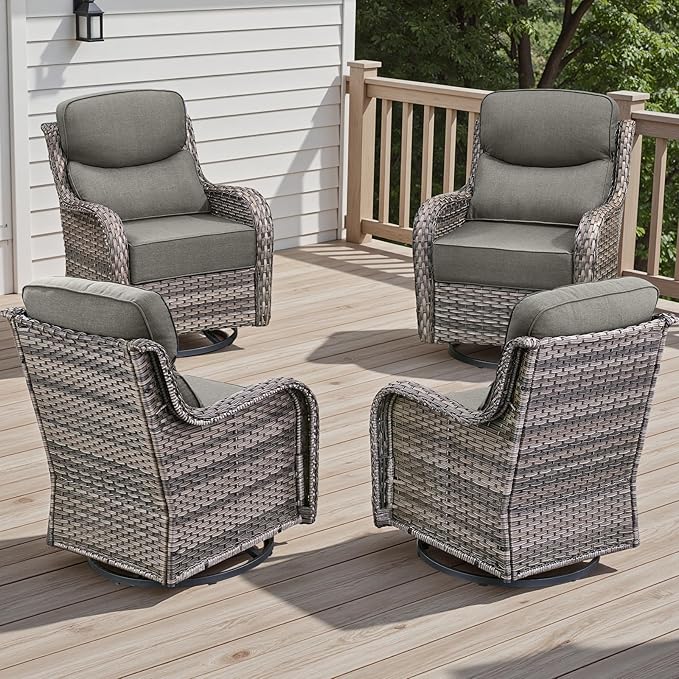 Rilyson 4 Piece Outdoor Patio Swivel Rocker Chairs, Waterproof Wicker, High Back, Deep Seating, Wide Armrest, Upgraded 6 inch Thick Cushions, Ideal for Deck Porch Backyard, Mixed Grey/Grey