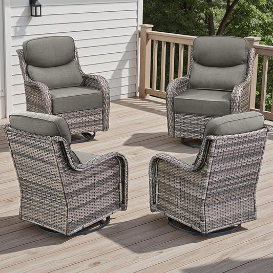 Rilyson 4 Piece Outdoor Patio Swivel Rocker Chairs, Waterproof Wicker, High Back, Deep Seating, Wide Armrest, Upgraded 6 inch Thick Cushions, Ideal for Deck Porch Backyard, Mixed Grey/Grey