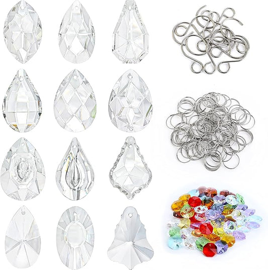 12Pcs Clear Crystal Suncatchers Prisms DIY Kit,Glass Suncatchers Hanging Crystals Ornament,Sun Catcher with Glass Beads,Prisms Rainbow Pendant for Window Home Office Garden Decoration