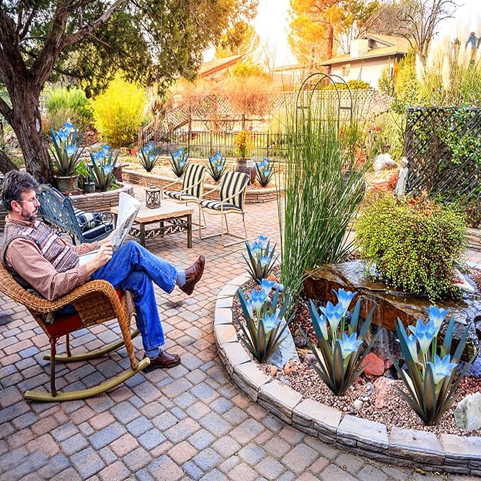 Homight Metal Agave Plant Outdoor Decoration Outdoor Garden Decoration Lily Mexican Yard Art Plant Garden Agave Lily Decorative Garden Gift… (2 Big Blue Lilies)