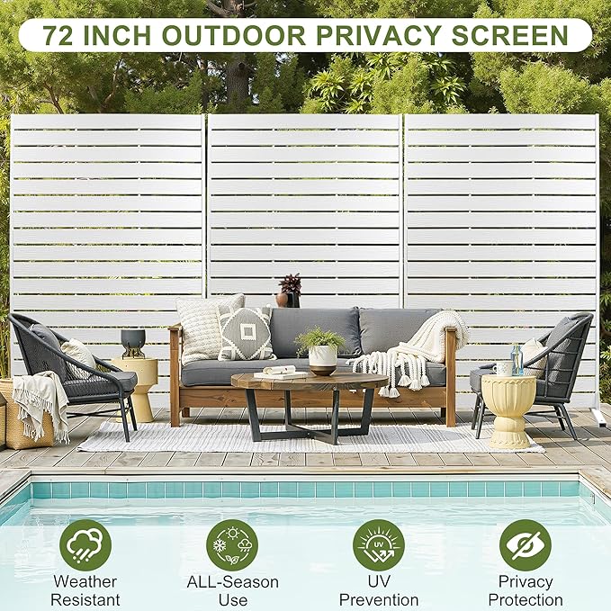 NicBex 3-Pack Outdoor Privacy Screen, HDPE Privacy Screen Fence Indoor Decorative Divider Freestanding Fence Panels with Metal Stand for Pool, Garden, Bathroom, 72" H x 47" W, White