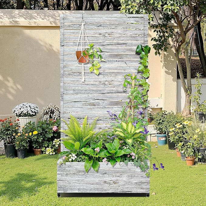 Metal Raised Garden Bed with Trellis, 2-in-1 Planter Box & Privacy Screen for Climbing Plants, Outdoor Standing Flower Bed with Drainage Holes, 35.4" L x 15.7" W x 70.1" H, White Oak Grain