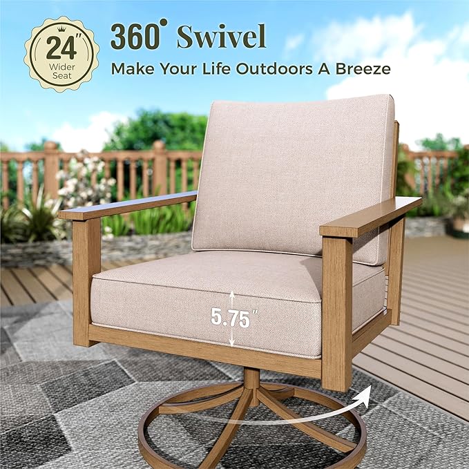 5-Piece Patio Outdoor Conversation Furniture Set with 2 Swivel Chairs, Steel Modern Outdoor Patio Conversation Sets with Waterproof Thick Cushions for Porch, Balcony, Backyard-Beige