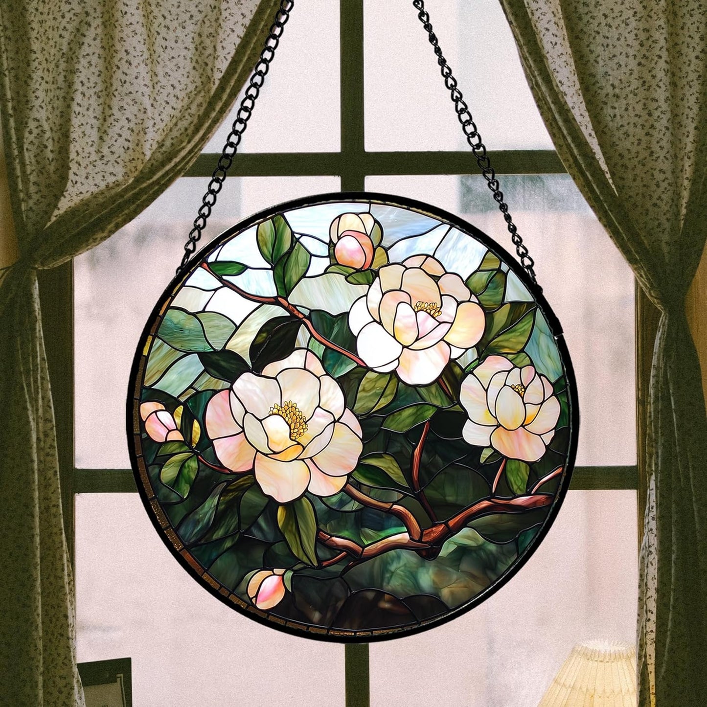 Stained Glass Suncatcher, Light Pink Flowers Green Leaf Sun Catcher Plant Stain Glass Window Hanging Decoration Mother's Day Birthday Gifts for Women Men Mom Nana 9.8 in