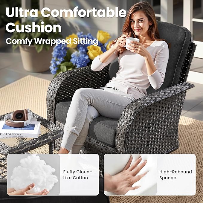 ovios 8 Pieces Patio Furniture Set, Outdoor Wicker Sofa Couch with Rocking Swivel Chairs Solar Lights Table, Modern Deep Seat Rattan Conversation Sets for Porch Deck, Black