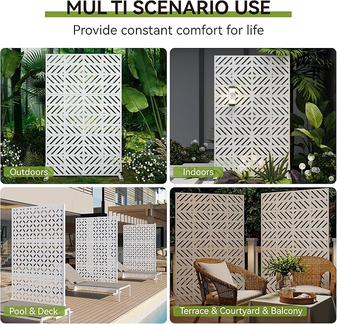 Heavy-Duty Outdoor Privacy Screen for Patio, Balcony, Backyard - 72" H * 44" W Metal Room Divider with Geometric Pattern, Anti-Tipping Kit, Weather Resistant, Easy Assembly (White-FGXPF)