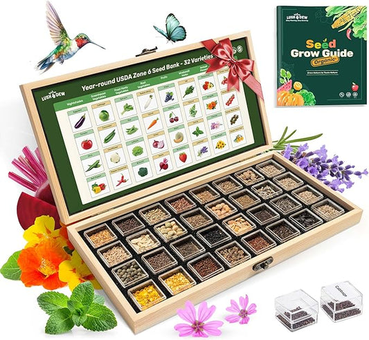 Lush&Dew Year-Round USDA Zone 6 Heirloom Survival Seed Kit, 32 Varieties 30,000+ Seeds for Planting Vegetables Herbs, Gardening Gifts for Women Men, Raised Garden Bed, Greenhouse Indoor Outdoor