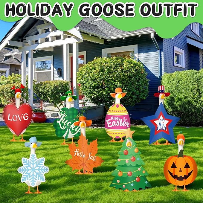 Sanwuta 8 Set Holiday Goose Outfits Christmas Valentine's Day All Seasons Lawn Porch Goose Clothes Costume for 23" Cement Statue Garden Patio Outdoor Decoration