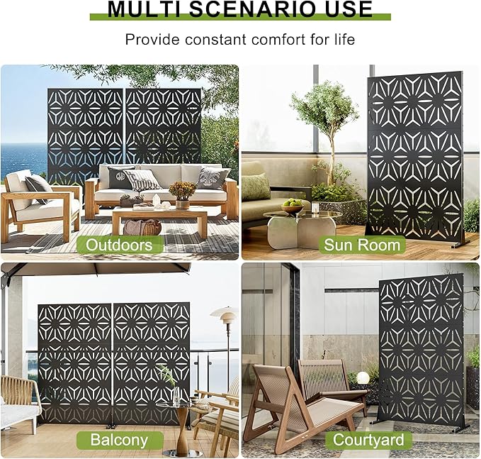 Heavy-Duty Outdoor Privacy Screen for Patio, Balcony, Backyard - 72" H * 44" W Tall Metal Room Divider with Modern Geometric Pattern, Anti-Tipping Kit, Weather Resistant, Easy Assembly