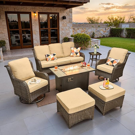 ovios 7 Pieces Patio Furniture Set, Outdoor Wicker Sofa Couch with Swivel Chairs 42" Fire Pit Table, High Back All Weather Modern Conversation Sets, Brown Rattan, Beige