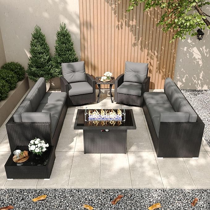 Patio Furniture Set with Fire Pit Table, 11 Pieces Outdoor All-Weather Wicker Conversation Sectional Chair Sofa Set with 2 Swivel Chairs