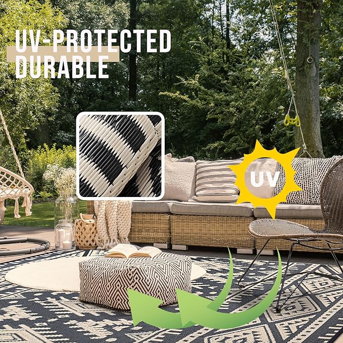 OLANLY Outdoor Rug Waterproof 8x10 ft, Reversible Outdoor Plastic Straw Rug, Boho Patio Rug, Indoor Outdoor Carpet, RV Mat Outside for Patio, Camp, Picnic, Balcony, Deck, Backyard, Black & Beige