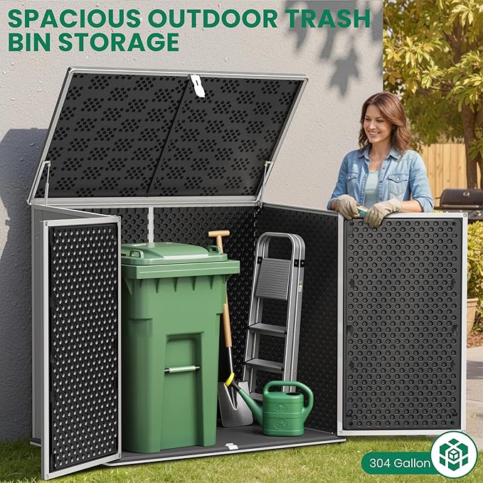 Outdoor Trash Can Storage Shed 4.6 x 4.1 FT, 304 Gallon Resin Shed with Lockable Doors & Lift Lid, Waterproof Outdoor Storage for Garden Tools, Cushions and Patio Equipment (Gary)