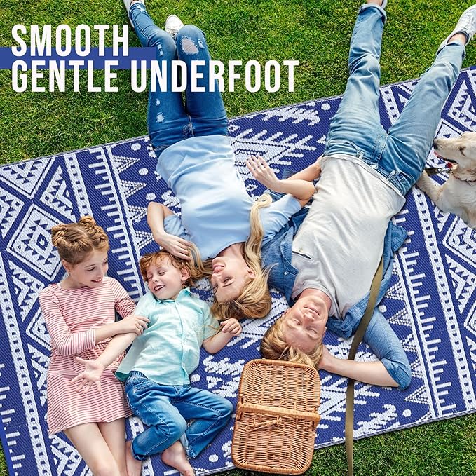 OLANLY Outdoor Rug Waterproof 9x12 ft, Reversible Outdoor Plastic Straw Rug, Boho Patio Rug, Indoor Outdoor Carpet, RV Mat Outside for Patio, Camp, Picnic, Balcony, Deck, Backyard, Blue & White