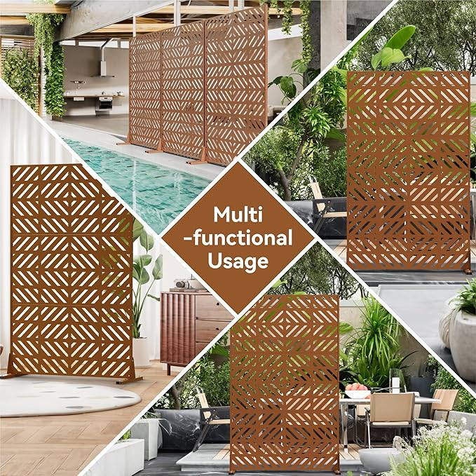 Metal Privacy Screen for Outdoor Freestanding Privacy Screens, 72" H x 44" W Brown Metal Fence Panels with Stand, Patio Divider Screens for Outside Deck Balcony Garden and Indoor
