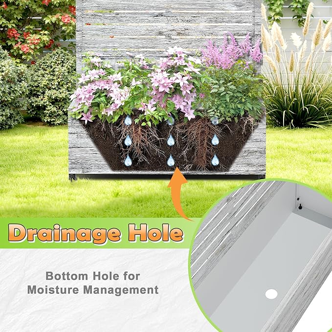 Metal Raised Garden Bed with Trellis, 2-in-1 Planter Box & Privacy Screen for Climbing Plants, Outdoor Standing Flower Bed with Drainage Holes, 35.4" L x 15.7" W x 70.1" H, White Oak Grain