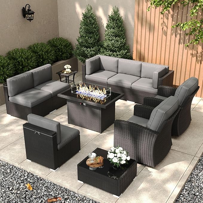 Patio Furniture Set with Fire Pit Table, 11 Pieces Outdoor All-Weather Wicker Conversation Sectional Chair Sofa Set with 2 Swivel Chairs
