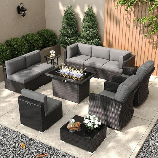 Patio Furniture Set with Fire Pit Table, 11 Pieces Outdoor All-Weather Wicker Conversation Sectional Chair Sofa Set with 2 Swivel Chairs