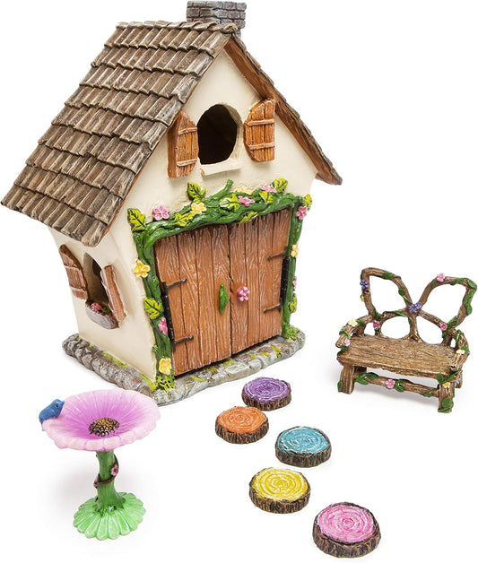 Meadow & Oak Fairy Garden House Kit - Complete with Fairy Garden Accessories, Butterly Seat, Bird Bath, Stepping Stones, Magnetic Door Closure for Indoor/Outdoor Fairy House