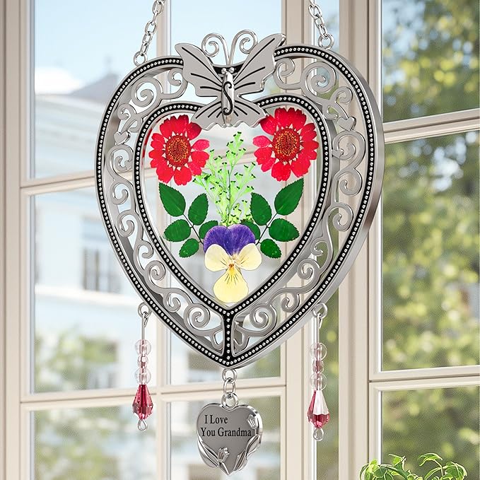 KY&BOSAM Tree of Life Heart Suncatcher I Love You Grandma Butterfly Hangings for Windows Suncatcher with Pressed Real Flower Heart and Charm Birthday Gifts for Women Mothers Day Christmas Ornament