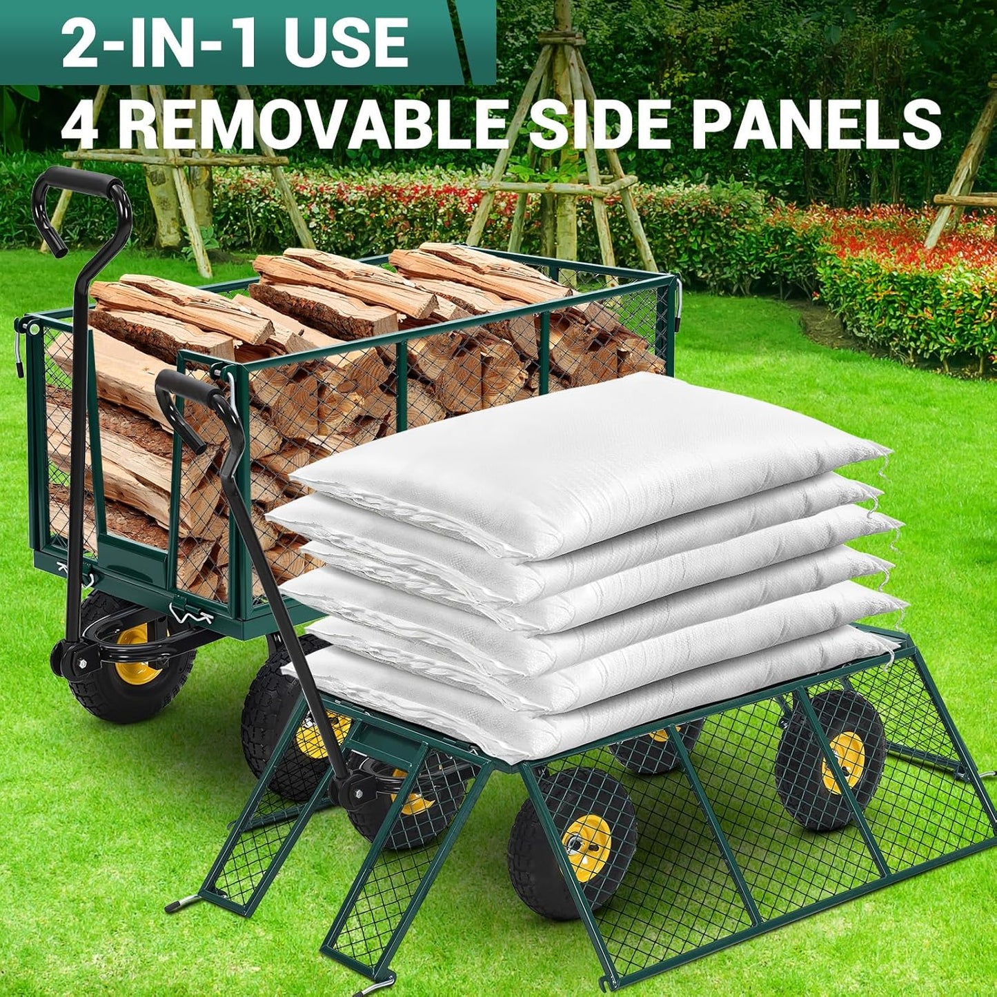 Heavy Duty Steel Garden Cart, 1100LBS Pullable Metal Garden Wagon with 10" Wheels, 180° Rotating Handle and Removable Sides for Outdoor, Farm, Yard, Beach ﻿