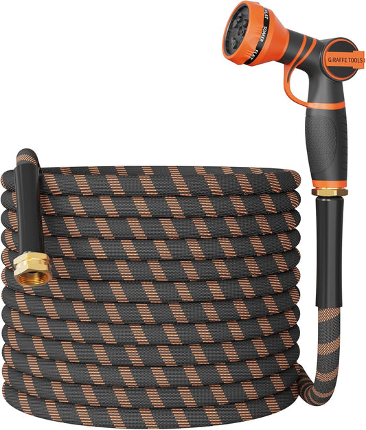 Giraffe Tools Garden Hose 75FT 1/2” Non-Expandable Lightweight Flexible Water Hoses Burst 600 psi with 9 Spray Function Nozzle Heavy Duty Hose