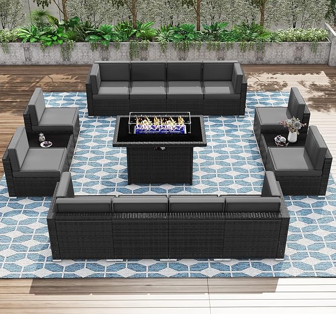 Patio Furniture Set with Fire Pit Table, 15 Pieces Outdoor All-Weather Wicker Conversation Sectional Chair Sofa Set