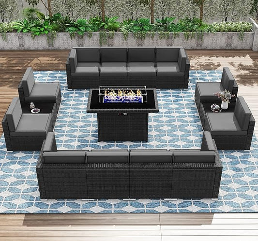Patio Furniture Set with Fire Pit Table, 15 Pieces Outdoor All-Weather Wicker Conversation Sectional Chair Sofa Set