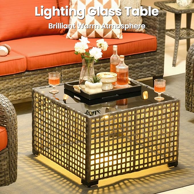 ovios 9 Pieces Patio Furniture Set, Outdoor Wicker Sofa Couch with Rocking Swivel Chairs Fire Pit Table, Modern Deep Seat Rattan Conversation Sets for Porch Deck, Orange Red