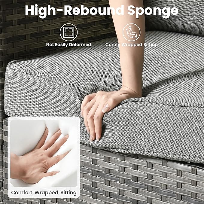 ovios 6 Pieces Patio Furniture Set, Outdoor Wicker Sofa Couch with Rocking Swivel Chairs Comfy Cushions, Modern Deep Seat Rattan Conversation Sets for Porch Deck, Dark Grey