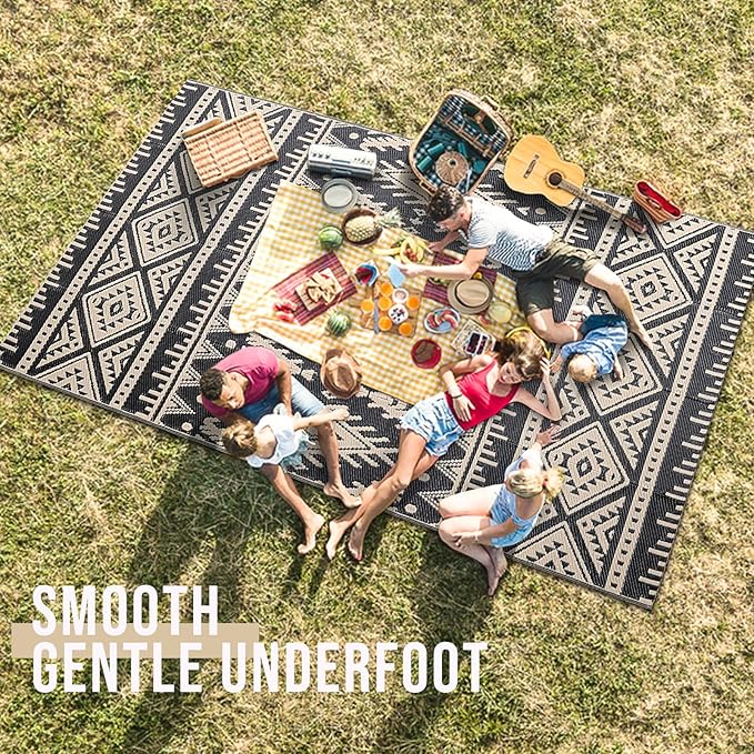 OLANLY Outdoor Rug Waterproof 5x8 ft, Reversible Outdoor Plastic Straw Rug, Boho Patio Rug, Indoor Outdoor Carpet, RV Mat Outside for Patio, Camp, Picnic, Balcony, Deck, Backyard, Black & Beige