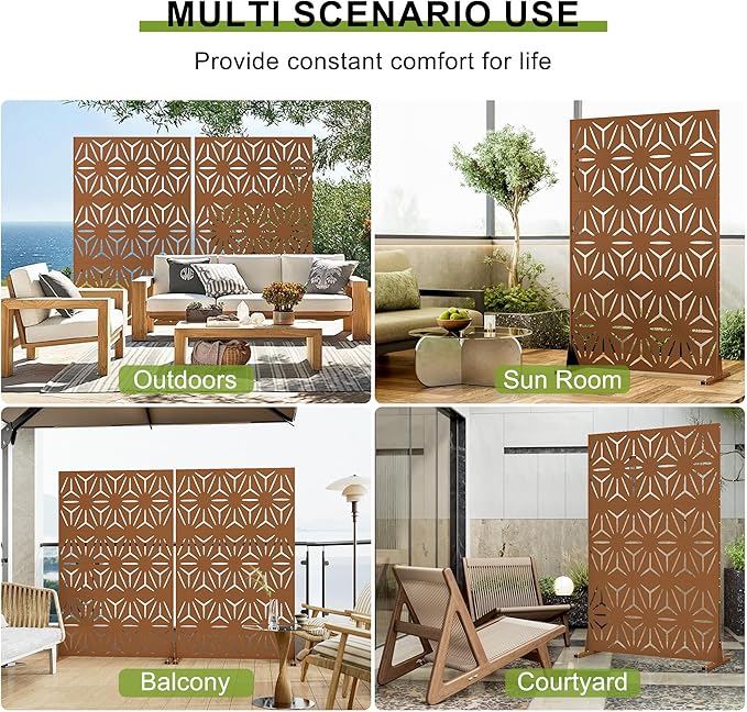 Heavy-Duty Outdoor Privacy Screen for Patio, Balcony, Backyard - 72" H * 44" W Metal Room Divider with Classic Clover Pattern, Anti-Tipping Kit, Weather Resistant, Easy Assembly (Raw Umber-SJX)
