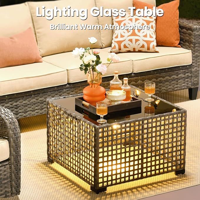 ovios 9 Pieces Patio Furniture Set, Outdoor Wicker Sofa Couch with Rocking Swivel Chairs Solar Lights Table, Modern Deep Seat Rattan Conversation Sets for Porch Deck, Beige