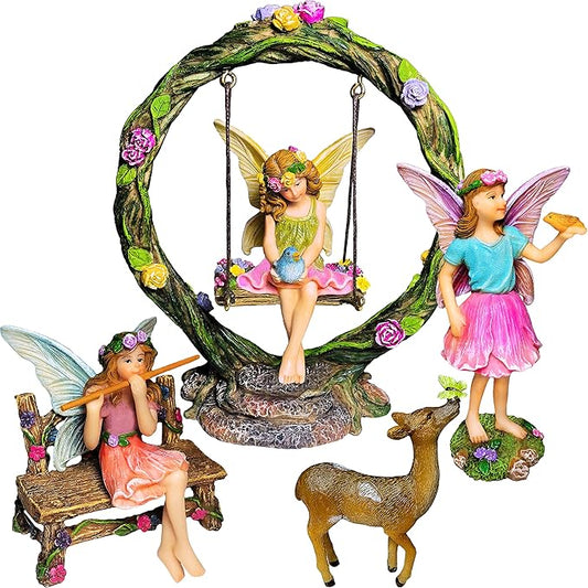 Mood Lab Fairy Garden Kit - Swing Set of 6 pcs Miniature Figurines & Accessories - Hand Painted for Outdoor or House Decor