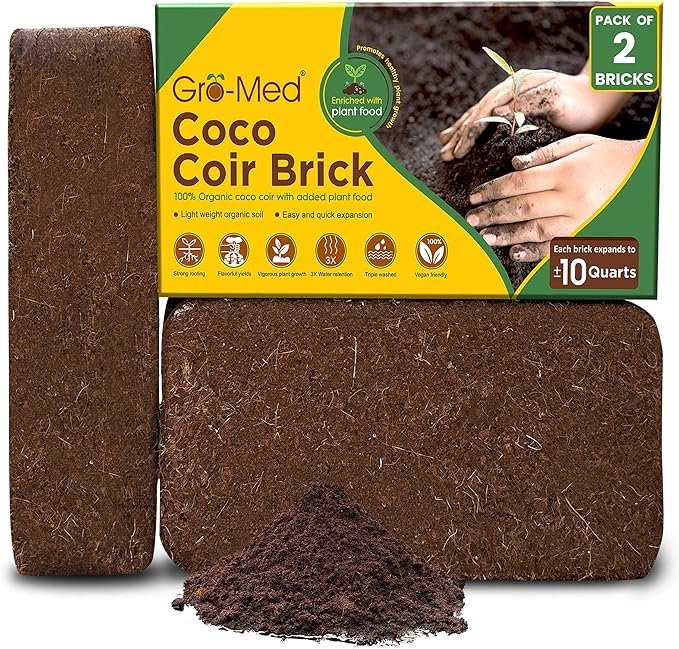 Gro-Med Coco Coir Brick 2s Pack – 1.4 lb Each,Expands to 20 Quarts, Enriched with NPK, Organic Potting Soil Mix for Plants, Seed Starting,Herbs,Flowers and Ideal Reptile Bedding for Snakes & Terrarium