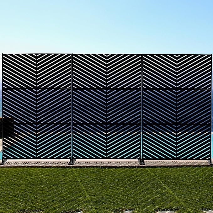 Kozyard Metal Privacy Screen 74" H x 47.2" W Decorative Outdoor Divider with Stand Panels Freestanding Screen Set for Deck Patio Balcony Garden Outdoor&Indoor(Black/Chevron)