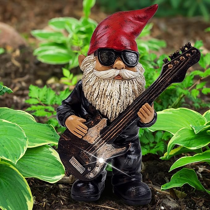 Better Office Products Garden Gnome Statue, 8" Height, Handcrafted Waterproof, UV-Resistant Polyresin Lawn Patio Porch Ornament Decoration (Rock Star with Solar Light)
