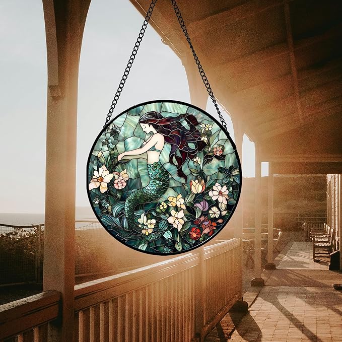 Stained Glass Window Hanging - Teal Sleeping Mermaid Suncatcher for Door Terrace Garden Home Decor, Sea of Flowers Sun Catcher Birthday Gifts for Lovers Women Men Dad Mom Nana 9.8 in