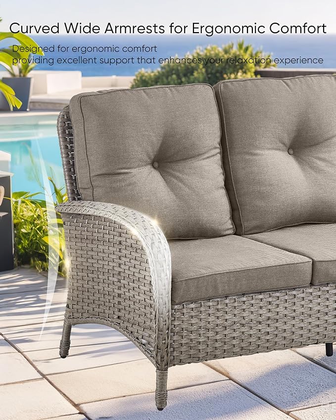 HUMMUH Outdoor Patio Couch-Outdoor Rattan Couch with Thick Cushions Outdoor Sofa for Deck Lawn Porch Balcony Poolside-Grey/Grey