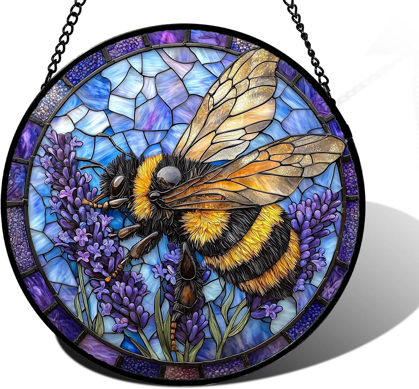 Stained Glass Window Hanging, Bee Lavender Sun Catchers Diamond Glass Panel Hangings Insect Suncatcher Decor for Birthday for Women, Men, Wife, Aunt, and Mom 9.8 in