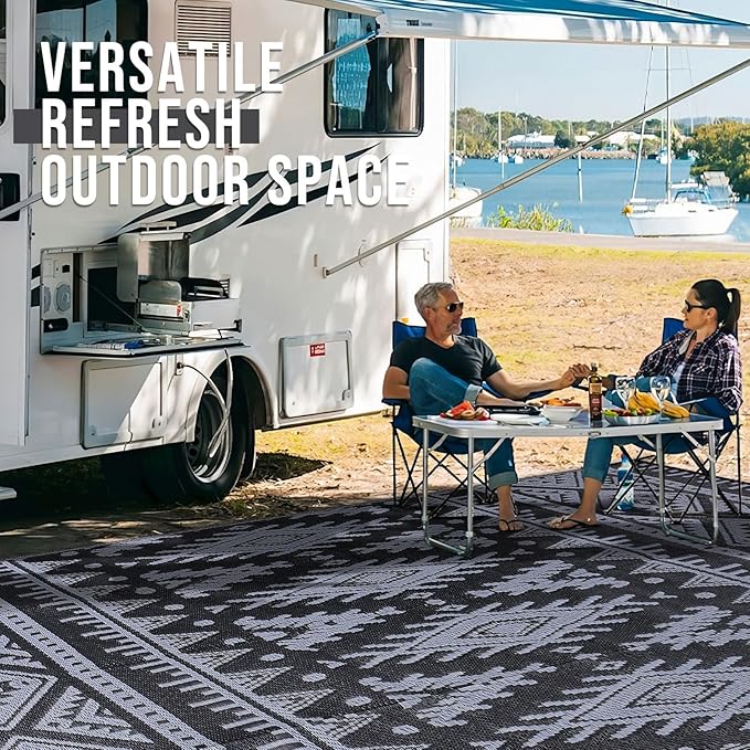 OLANLY Outdoor Rug Waterproof 9x18 ft, Reversible Outdoor Plastic Straw Rug, Boho Patio Rug, Indoor Outdoor Carpet, RV Mat Outside for Patio, Camp, Picnic, Balcony, Deck, Backyard, Black & Grey