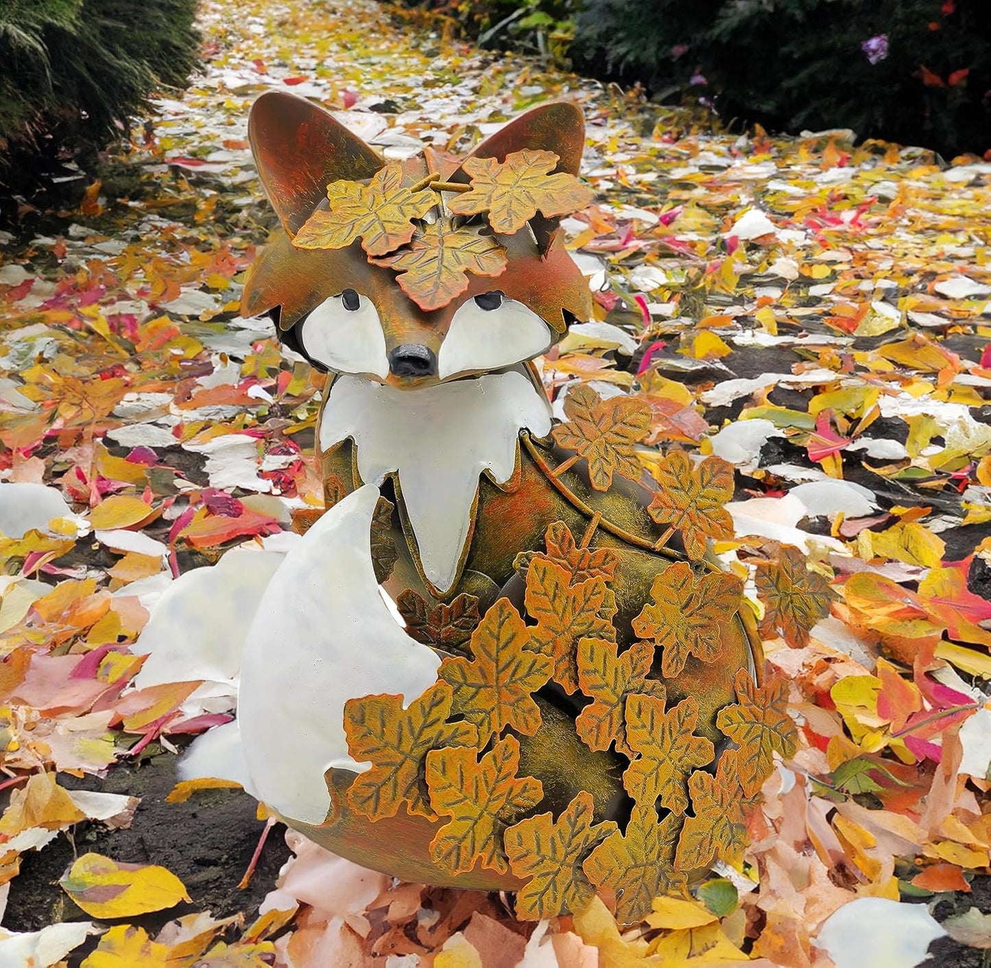 coolboy Garden Metal Fox Outdoor Statues,Interesting Maple Leaf Fox Sculpture for Patio Lawn Home Decor,Garden Art Decoration Ornament for Indoor,Terrace, Lawn,Yard,Animal Decorative