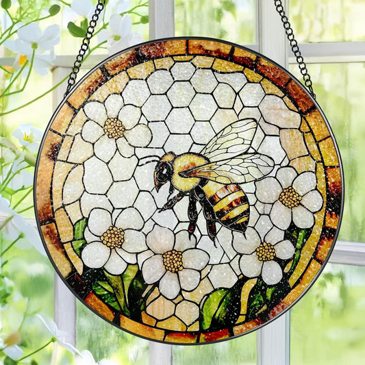 Bee Wildflowers Stained Glass Suncatcher, Stained Glass Window Hanging, 8 Inch Honey Bee Suncatcher, Honeybee Gifts for Garden Lovers, Gifts for Mother's Day, Teacher Gift, Grandma Gift
