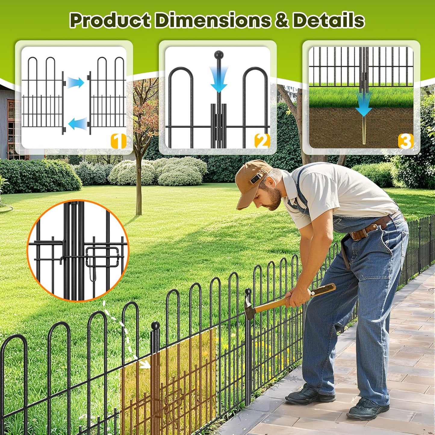 5 Panels Garden Fence with Latch Gate, 24.01in (H) X 10.04ft(L) Animal Barrier Fence with 1in Gaps for Rabits, Dog Fencing Outdoor for Yard, Flower Beds, Patios, Vegetable Patches