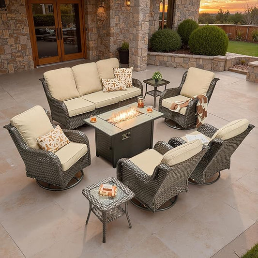ovios 8 Pieces Patio Furniture Set, Outdoor Wicker Sofa Couch with Swivel Chairs 42" Fire Pit Table, High Back All Weather Modern Conversation Sets, Brown Rattan, Beige