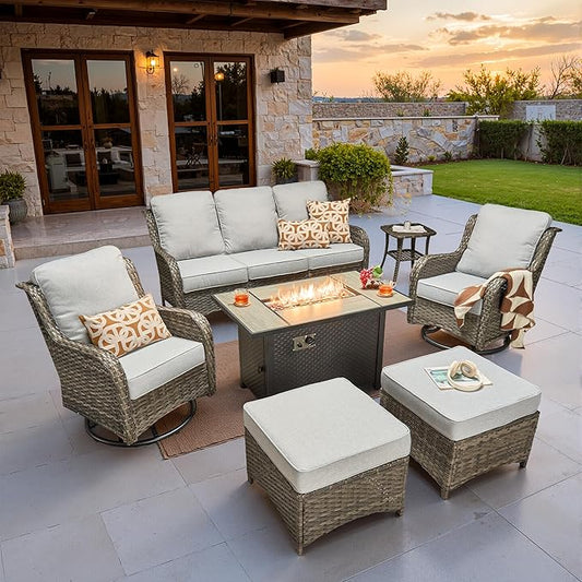 ovios 7 Pieces Patio Furniture Set, Outdoor Wicker Sofa Couch with Swivel Chairs 42" Fire Pit Table, High Back All Weather Modern Conversation Sets, Grey Rattan, Grey